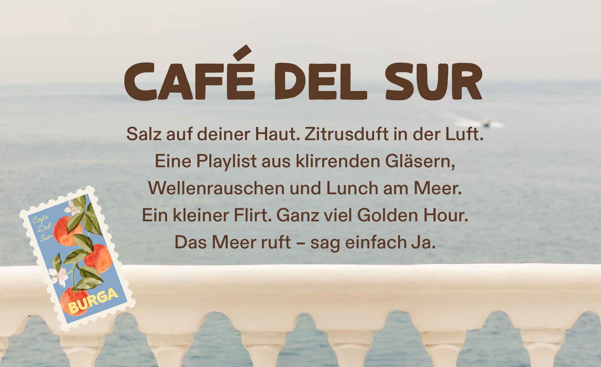 Text overlay on a sea view with a small stamp illustration.
