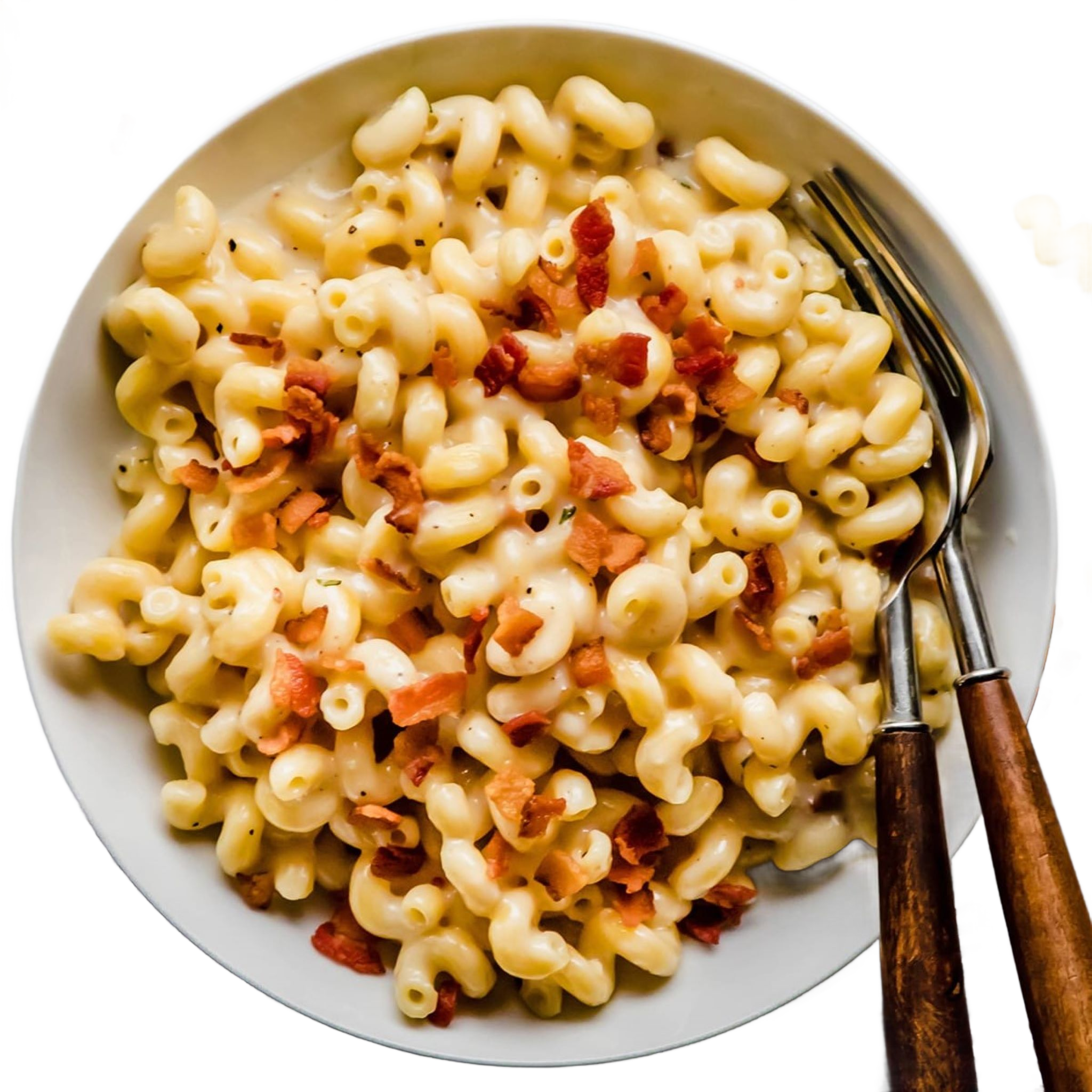 Plate of macaroni and cheese topped with bacon bits, with a fork and spoon on the side.