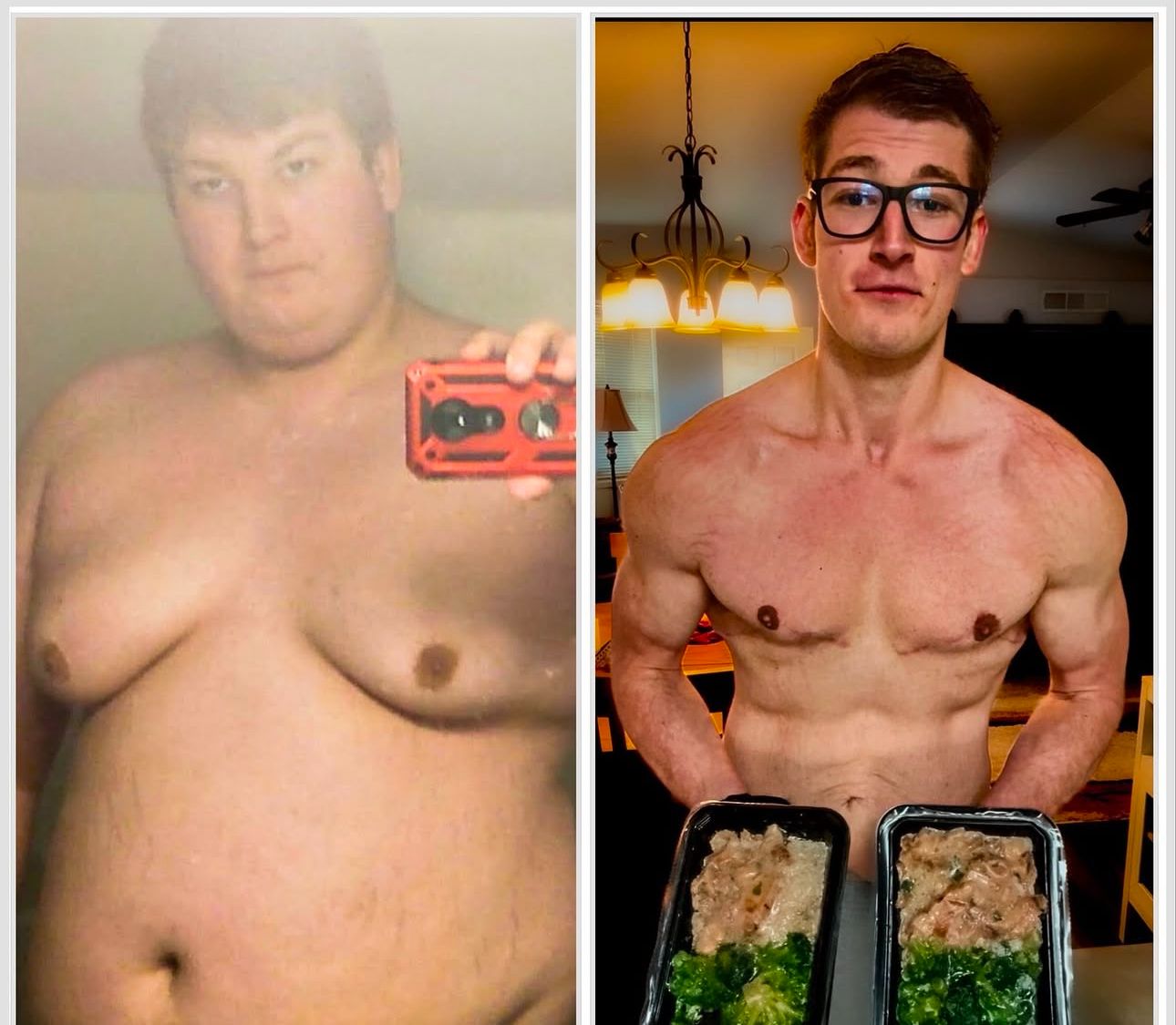 Side-by-side comparison of a shirtless man before and after weight loss.