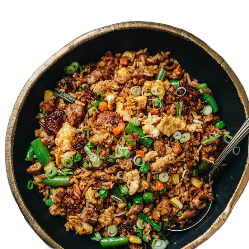 A bowl of fried rice with vegetables and green onions.