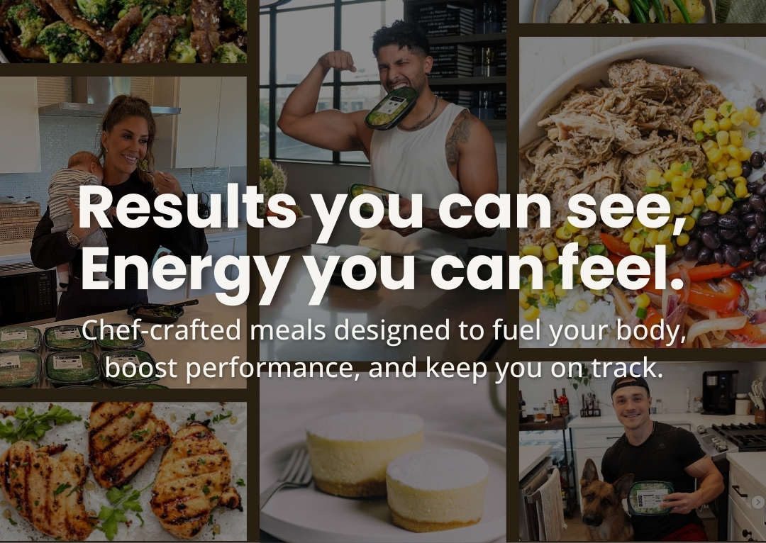 Collage of people with meals, text overlay promoting chef-crafted meals for energy and performance.