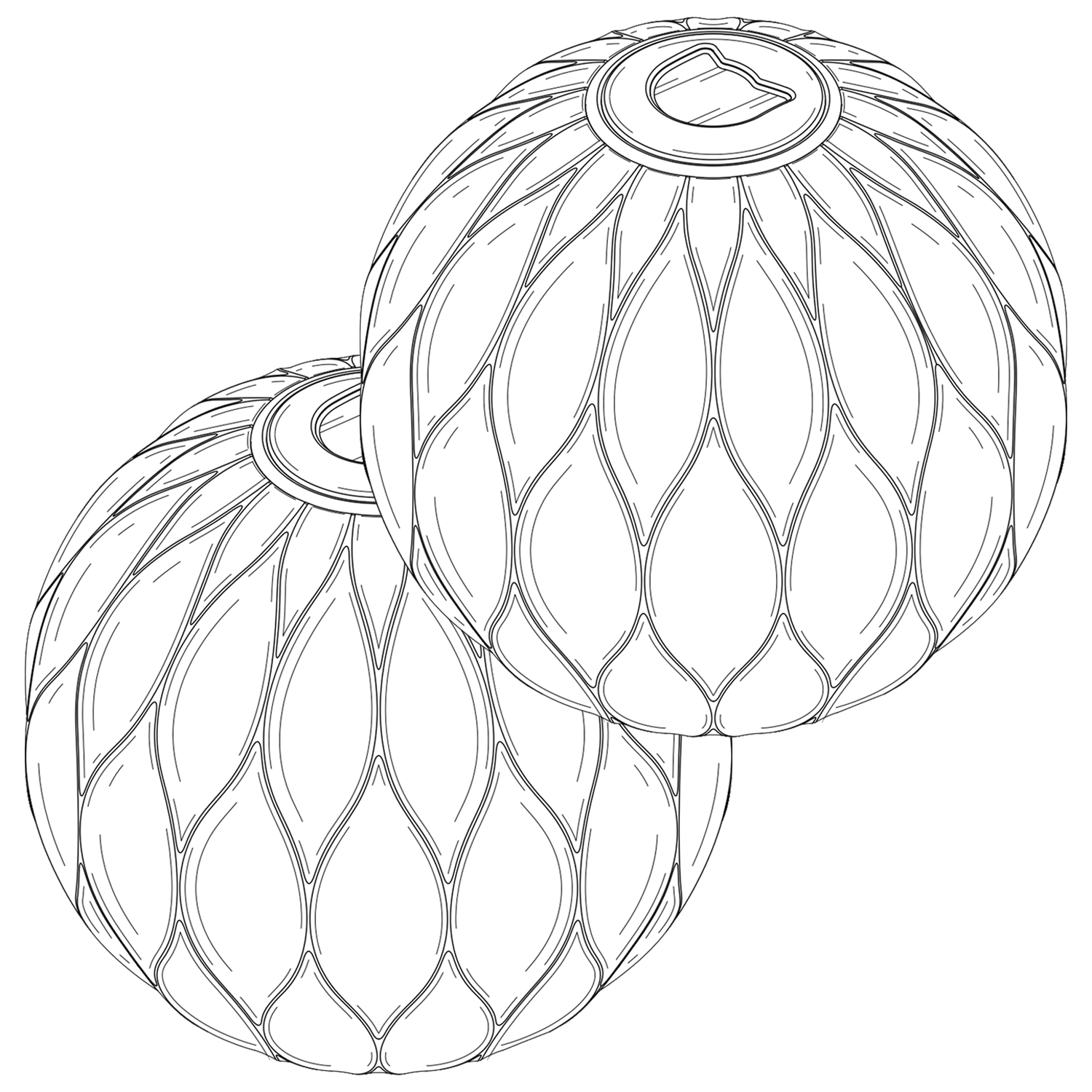 Two spherical objects with a geometric, mesh-like pattern.
