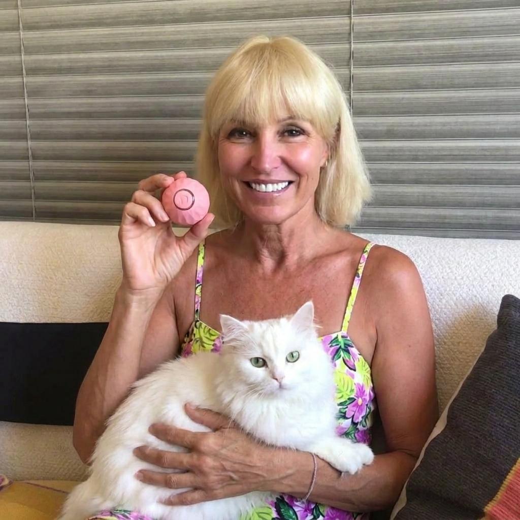 A smiling blonde woman sits on a couch, holding a fluffy white cat and a small pink device.