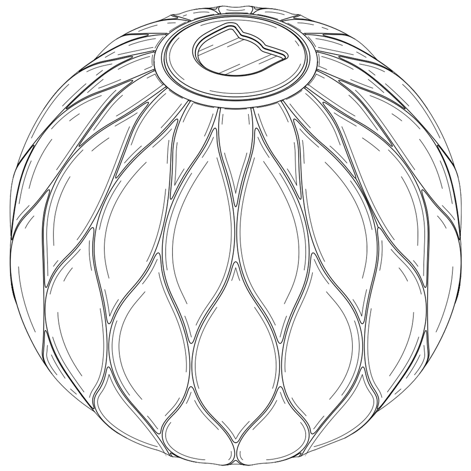 Line drawing of a spherical object with a geometric pattern.