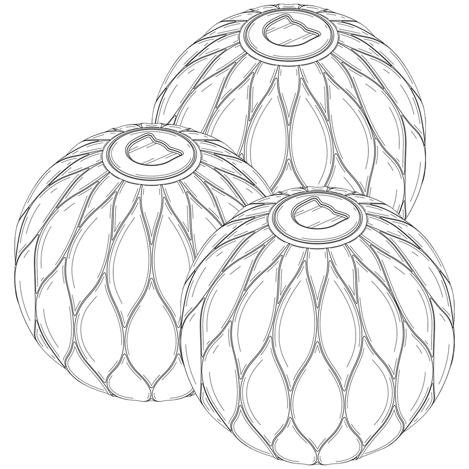 Three spherical shapes with a detailed, geometric pattern.