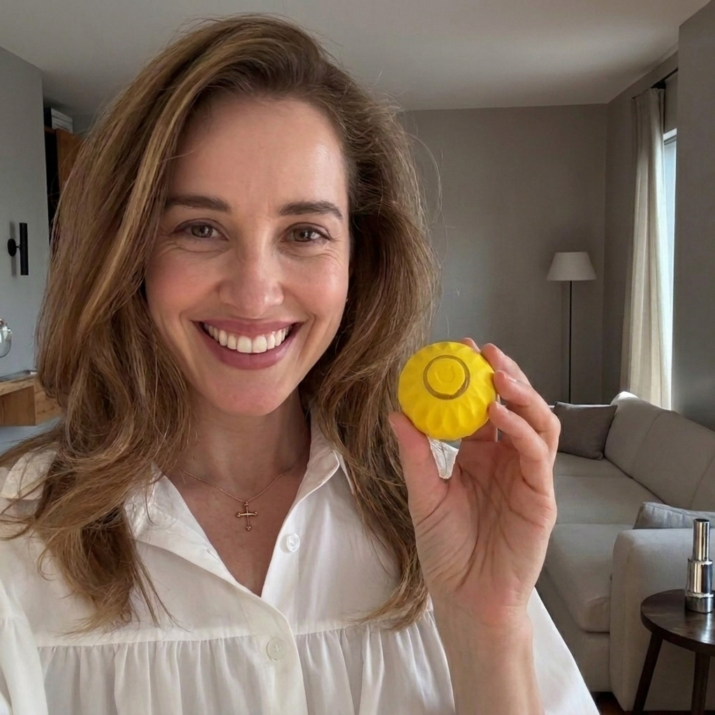 A smiling woman in a white shirt holds up a small, round, yellow object in a living room.