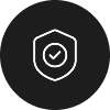 A white line icon of a shield with a checkmark inside it, on a black circular background.