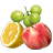 A half lemon, a cluster of green grapes, and a red apple or nectarine against a white background.