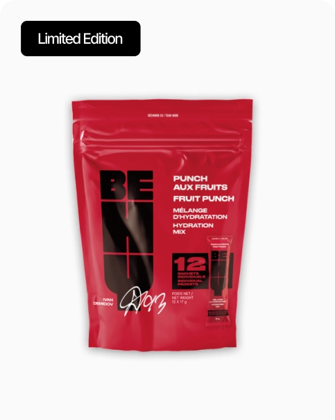 A red pouch of BE Limited Edition Fruit Punch Hydration Mix against a white background.