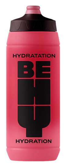 A pink sports water bottle with black text that reads 'BEHU Hydration' and a black cap.