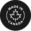 A black circular icon with a white maple leaf and the text 'Made in Canada'.