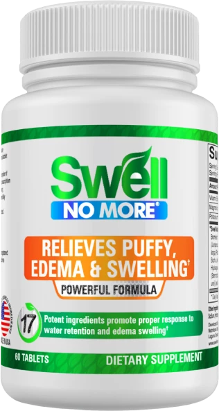 A bottle labeled 'Swell No More' dietary supplement with 60 tablets.