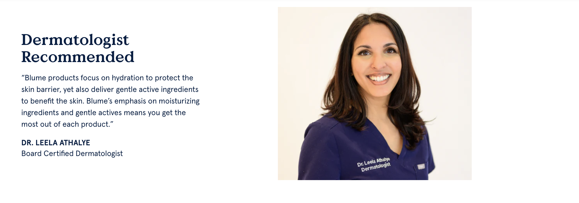 Woman in blue scrubs smiling beside a quote about skincare products.