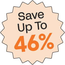 Badge with text 'Save Up To 46%' on a peach background.