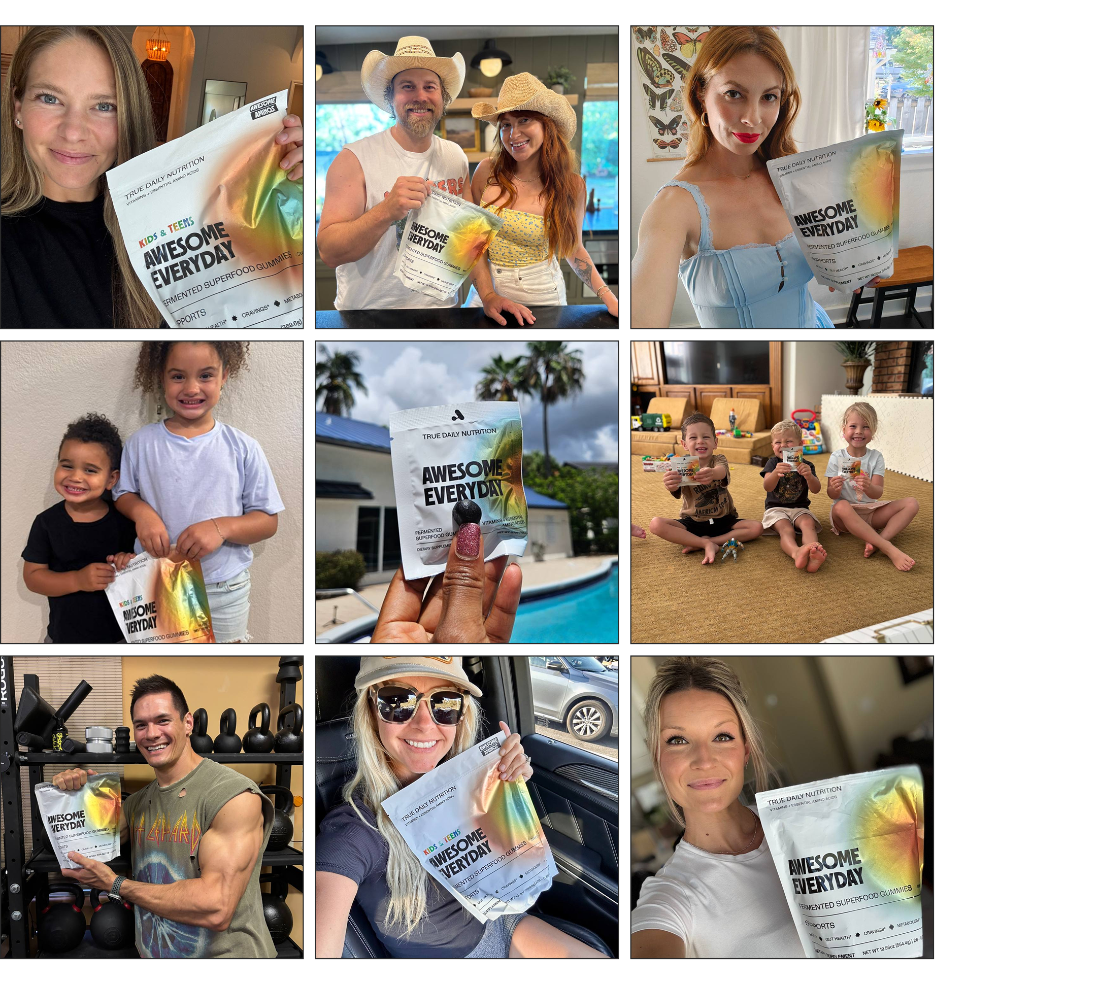 Collage of people holding 'Awesome Everyday' snack packaging in various settings.