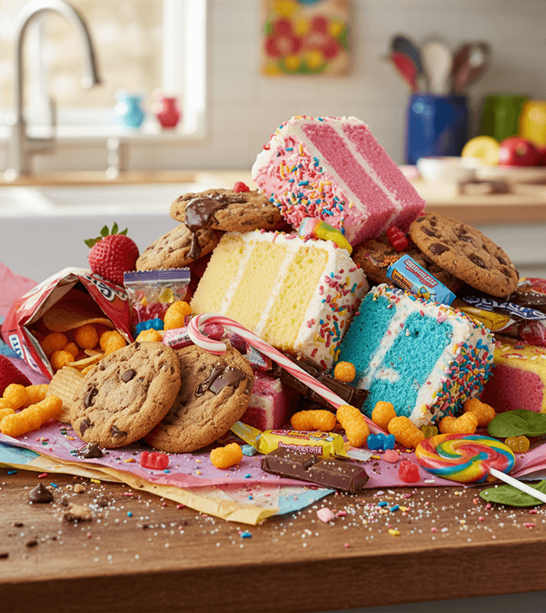 A glowing brain hovers over a pile of colorful junk food on a kitchen counter.