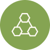 Three interconnected hexagons inside a green circle.