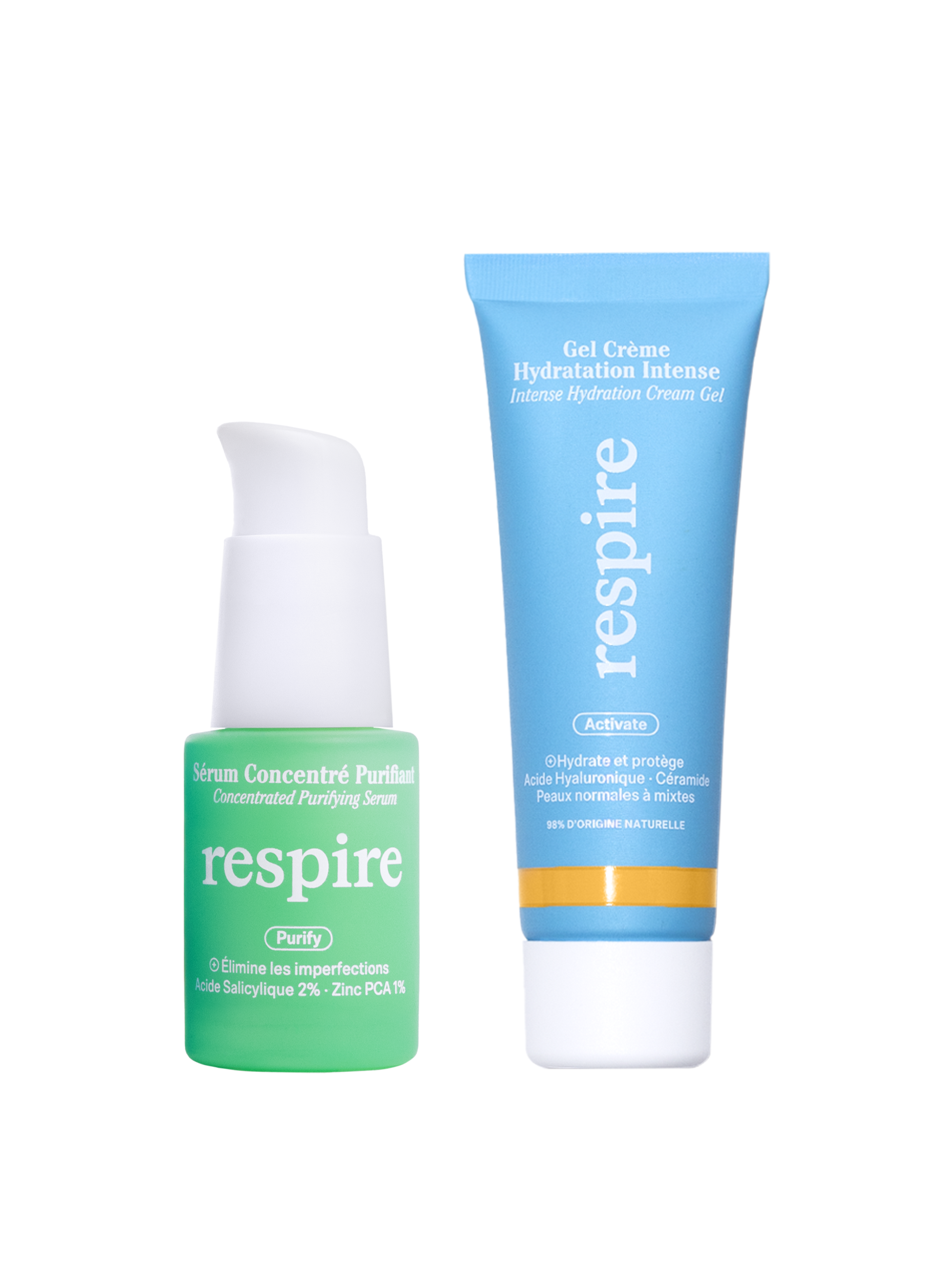 Two skincare products: a green serum bottle and a blue cream tube.