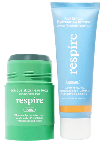 Two skincare products: a green stick mask and a blue hydration cream tube.