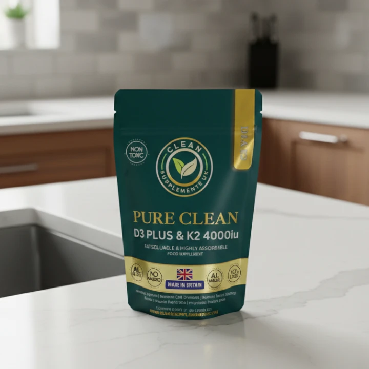 A pouch of Pure Clean D3 Plus & K2 food supplement sitting on a white kitchen counter.
