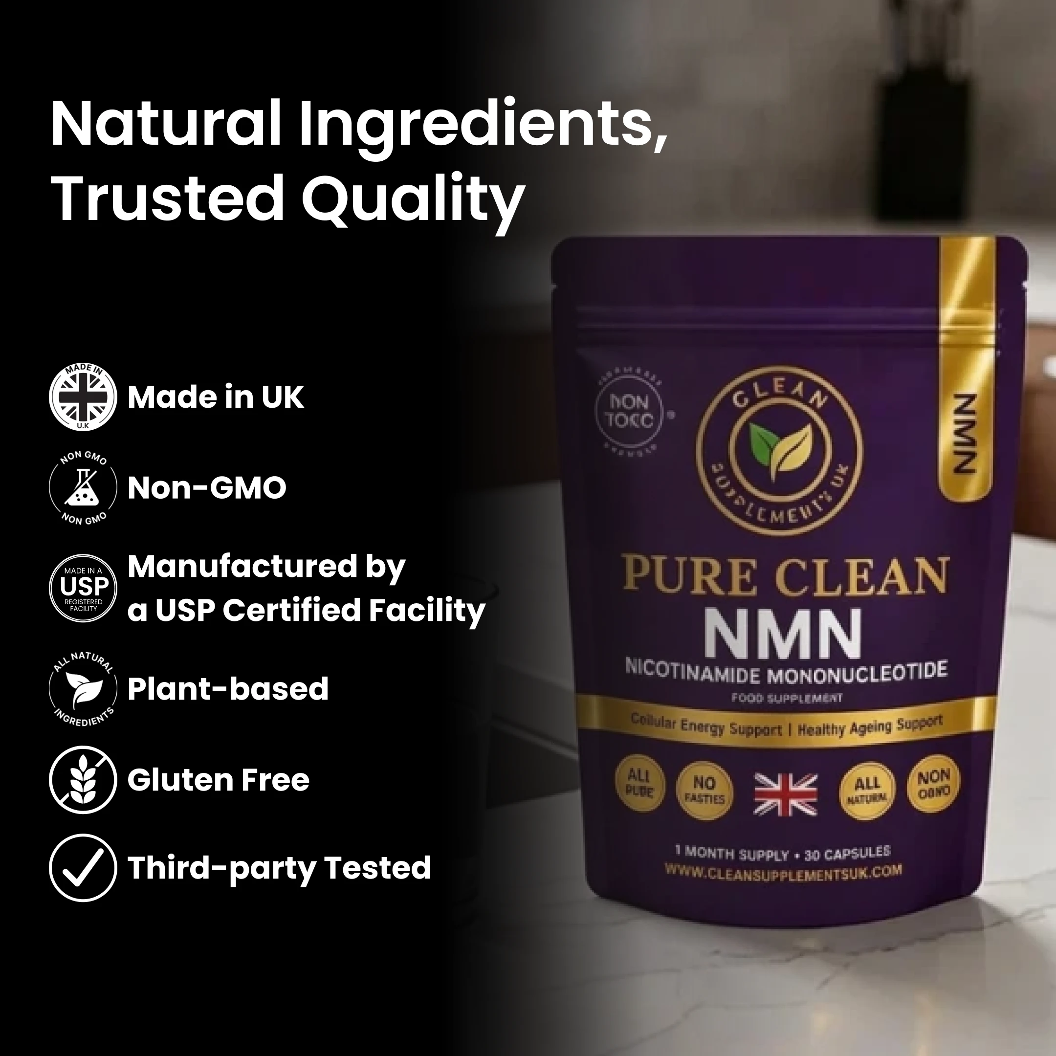 A pouch of Pure Clean NMN supplement next to a list of its features and certifications.