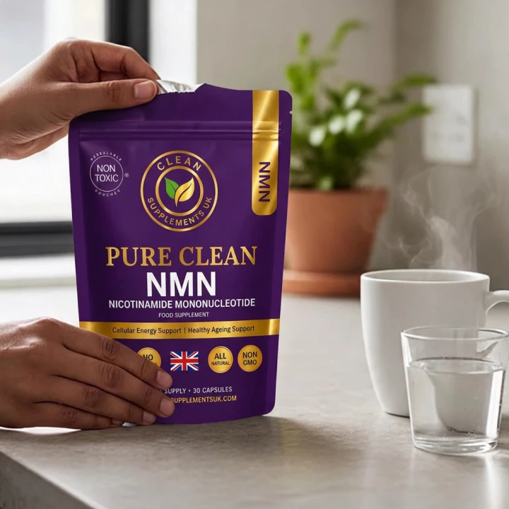 A person holds a purple pouch of Pure Clean NMN supplements next to a steaming mug.