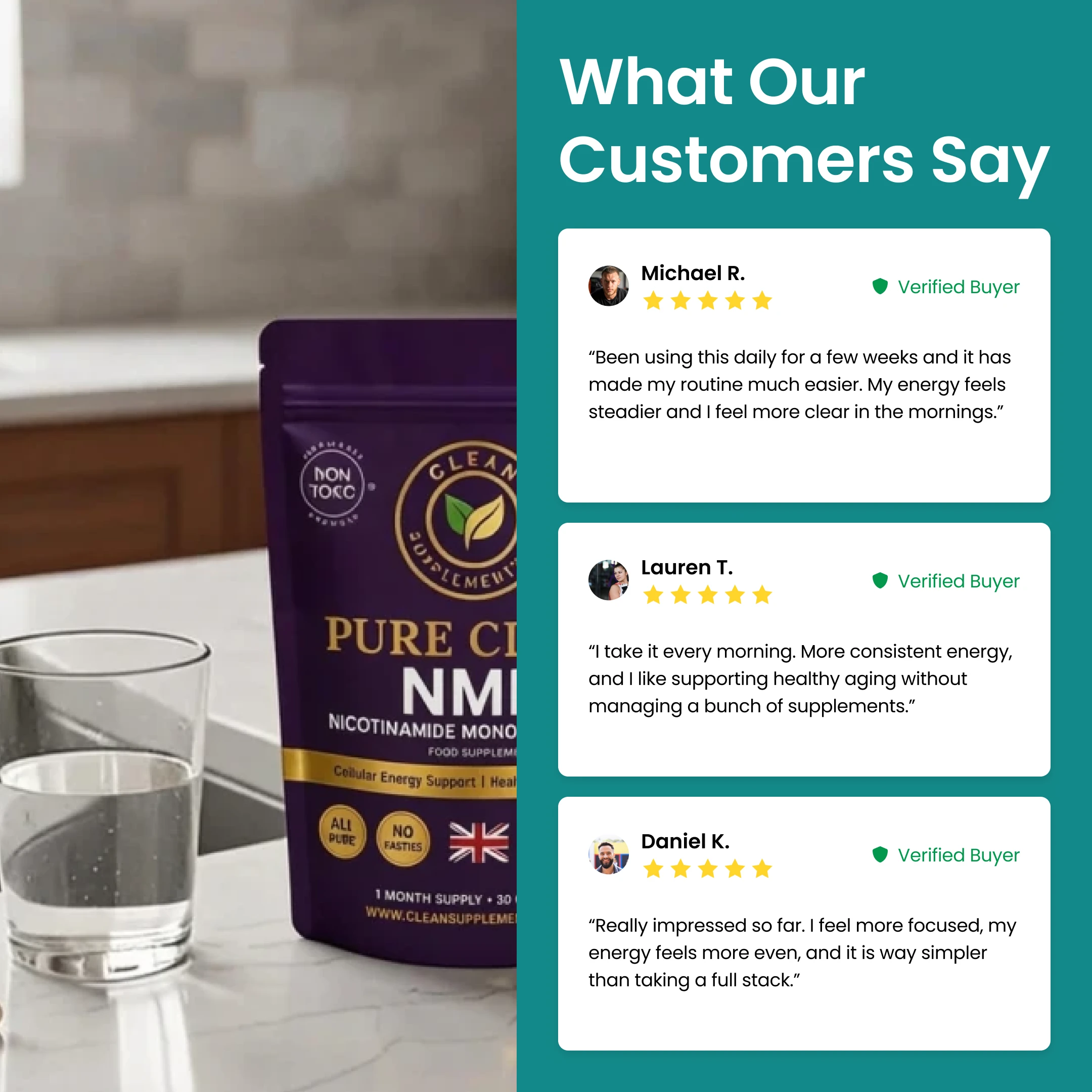 A bag of Pure NMN supplement next to a glass of water and three positive customer reviews.