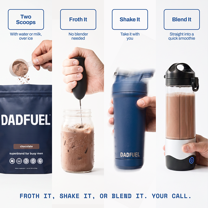 Four ways to prepare DADFUEL chocolate superblend: scooping from a bag, frothing, shaking, and blending.