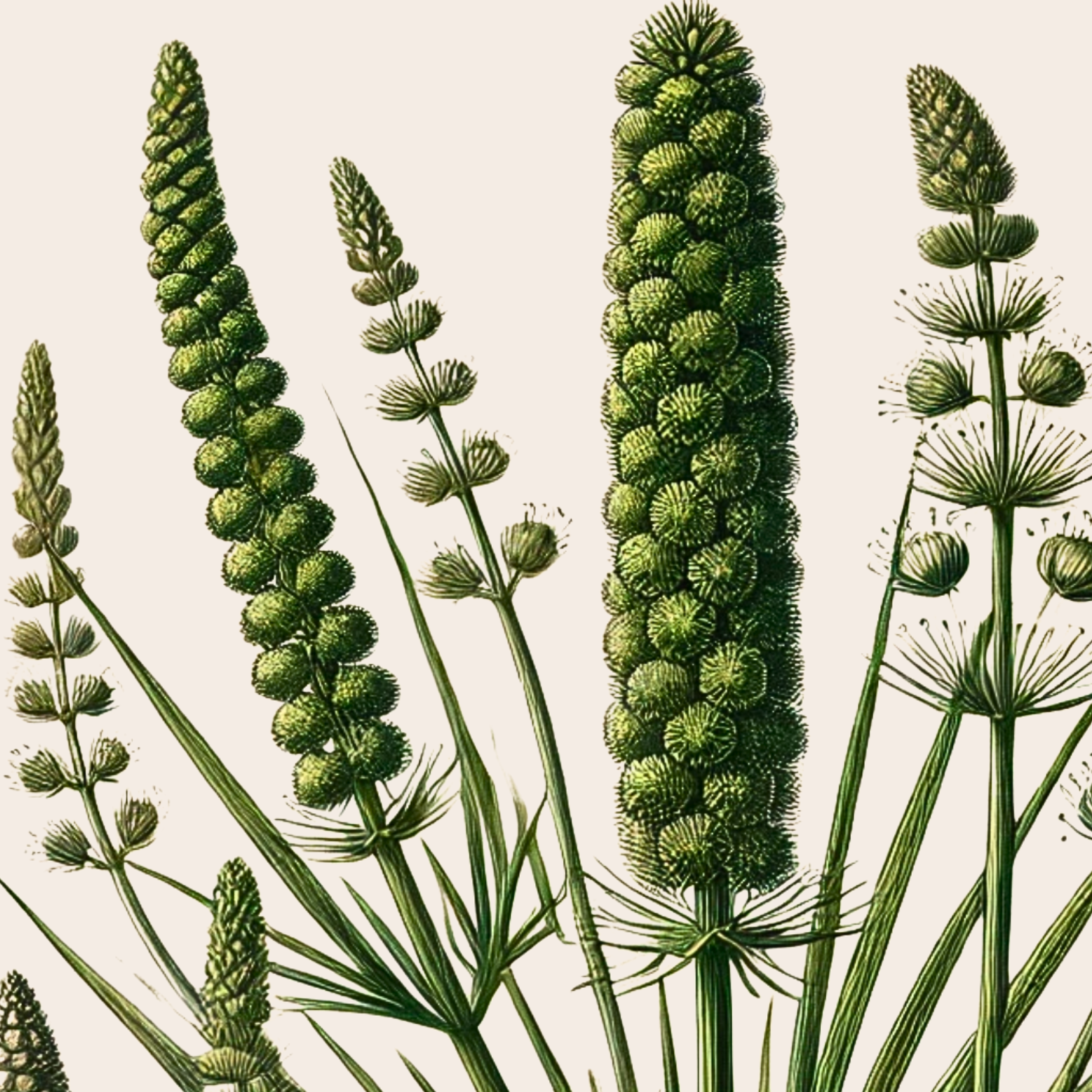 Illustration of various green, spiky plants with elongated stems and clustered buds.