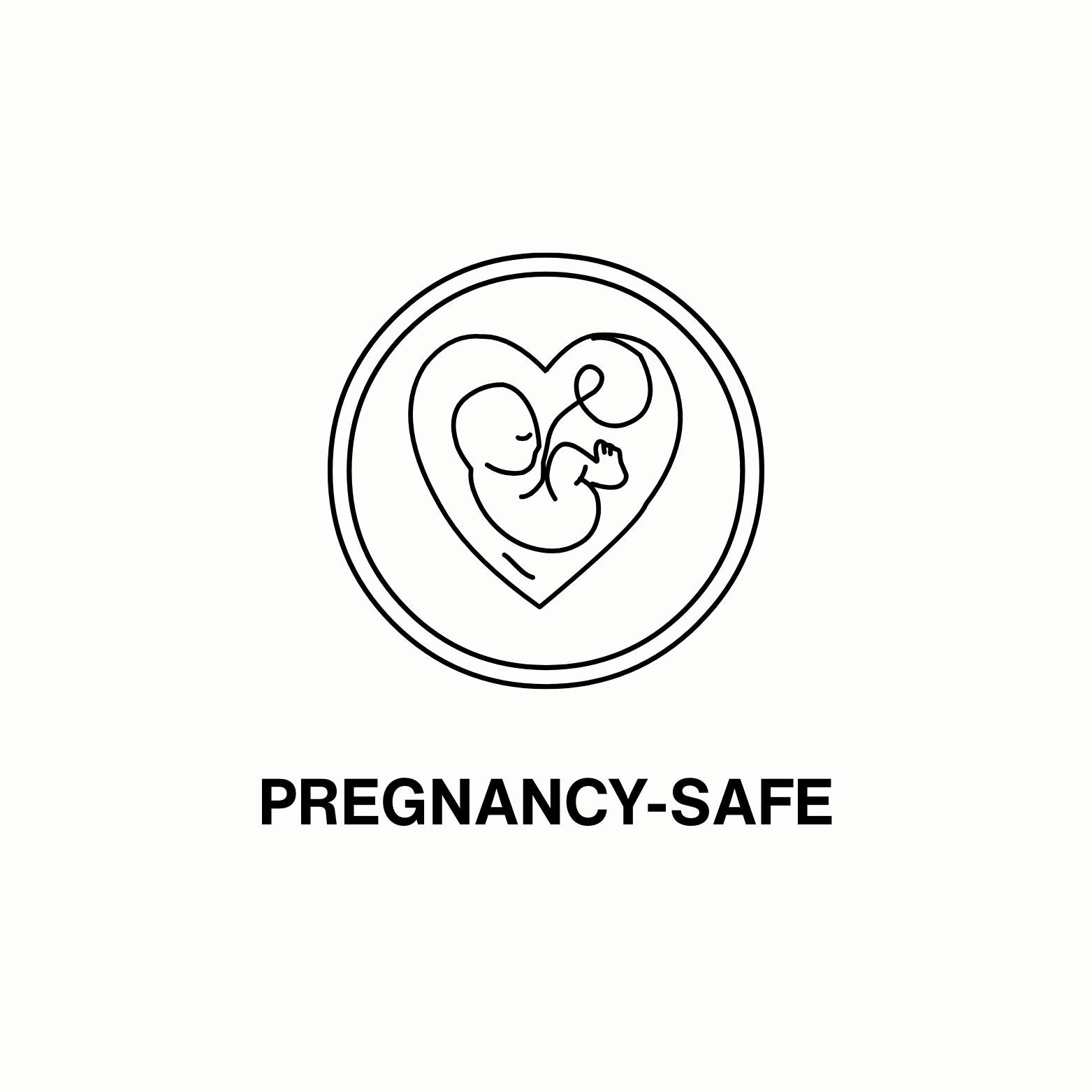 Line drawing of a fetus inside a heart with 'PREGNANCY-SAFE' text.