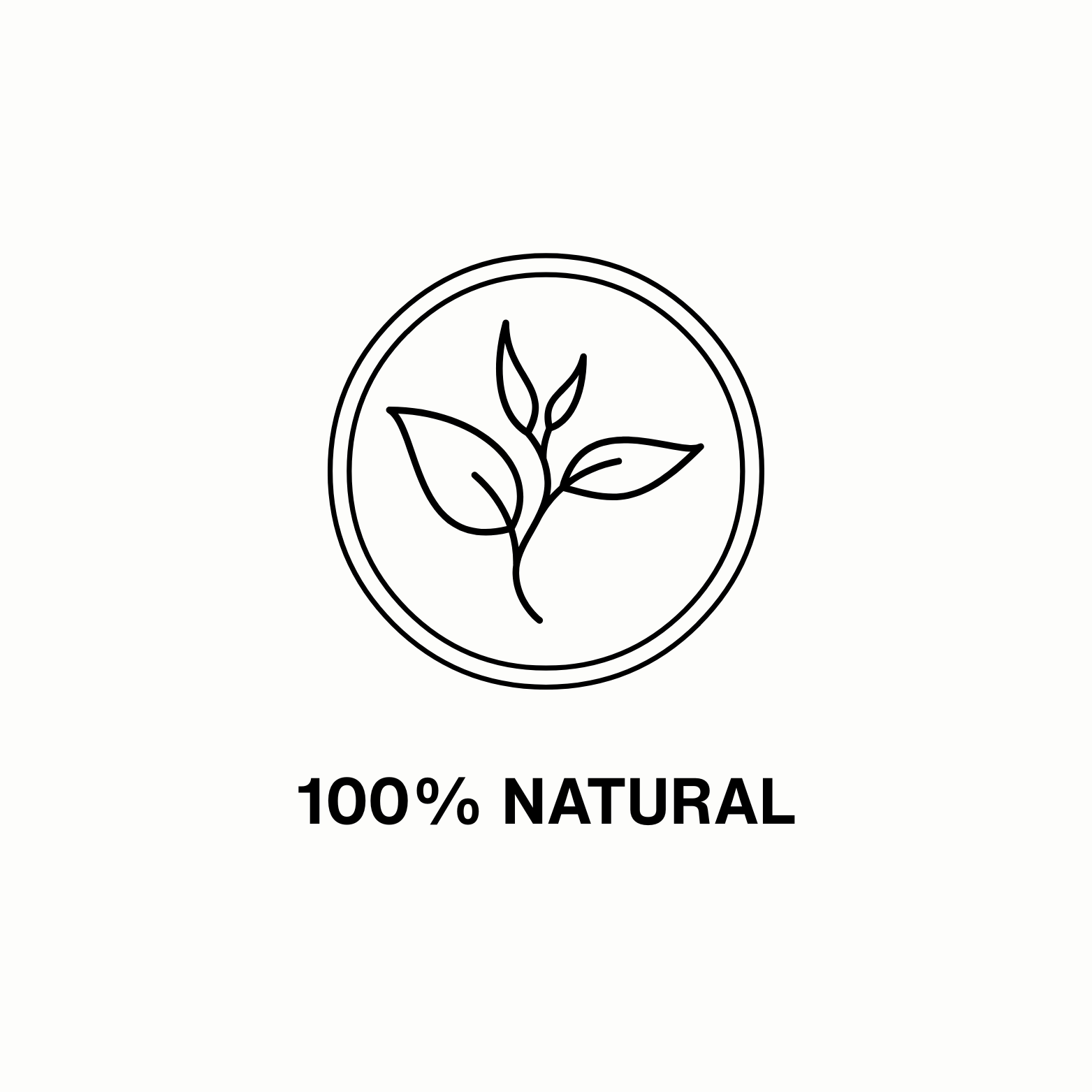 Line drawing of leaves in a circle with '100% Natural' text below.