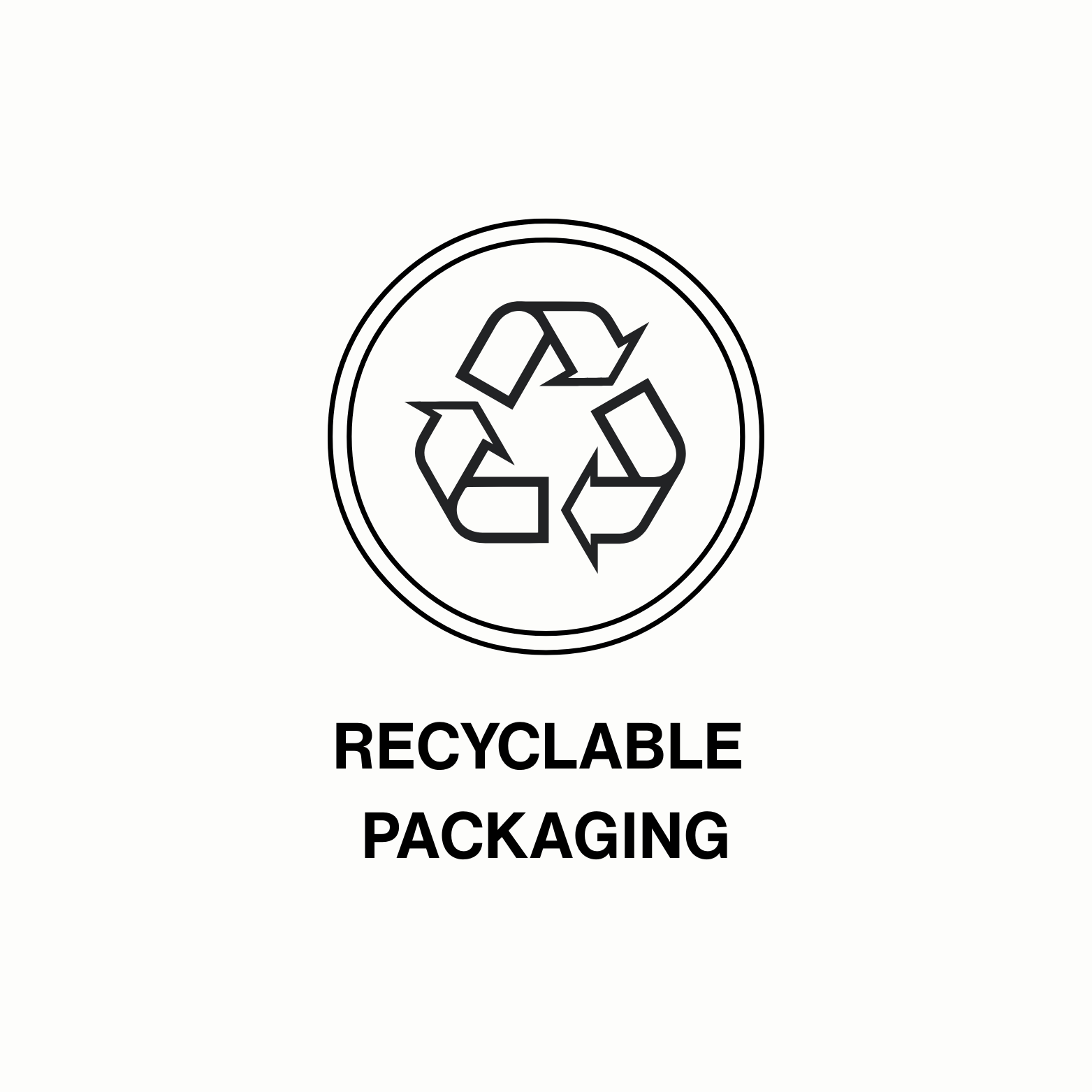 Recycling symbol with text 'Recyclable Packaging' below it.