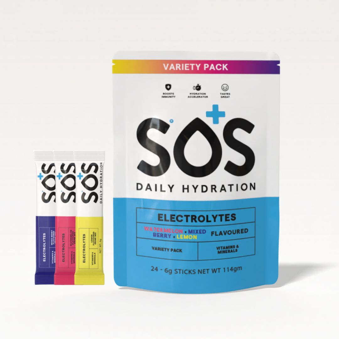 Package of SOS Daily Hydration electrolyte sticks, variety pack.