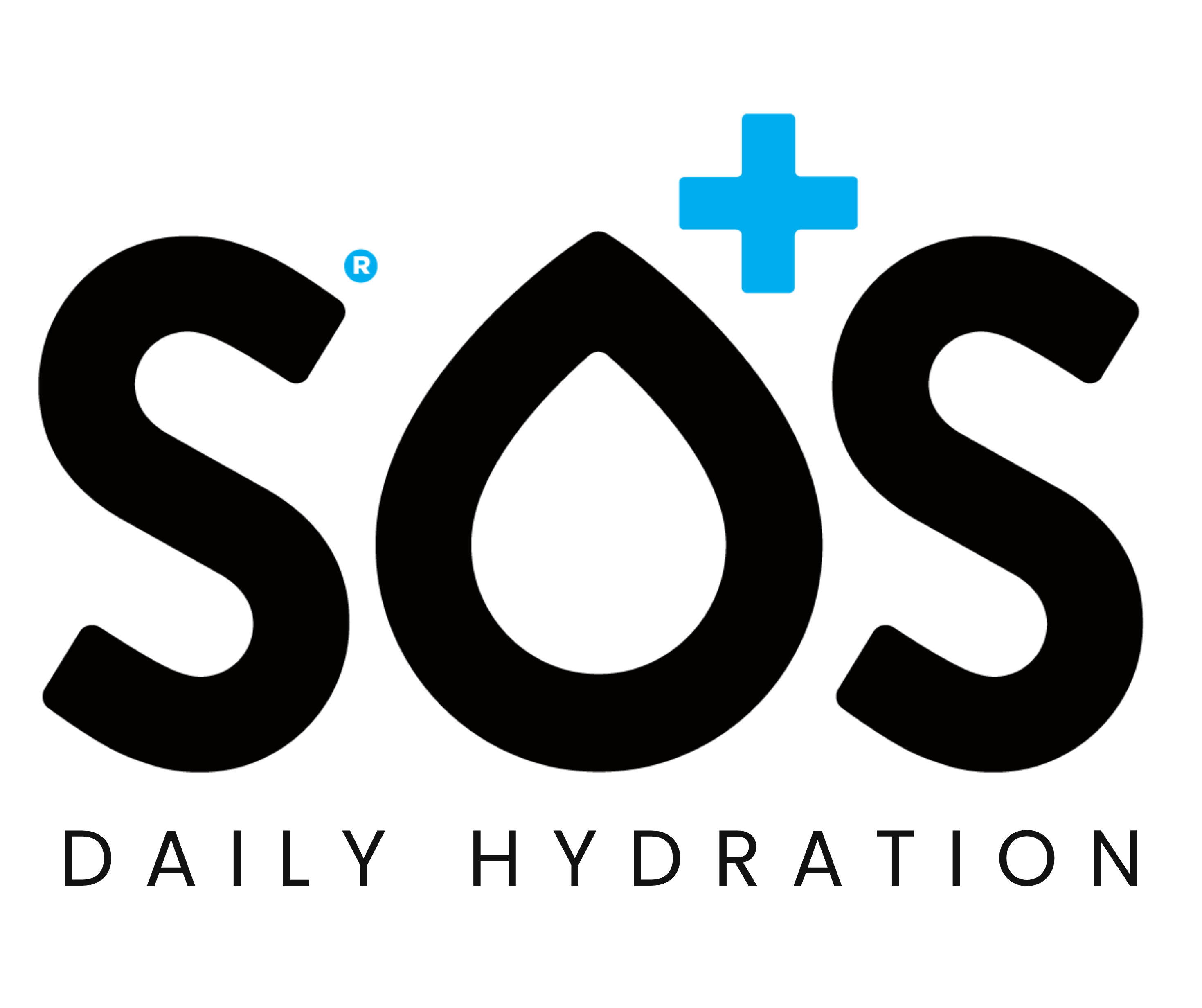 Logo with SOS, water drop, and 'DAILY HYDRATION' text.