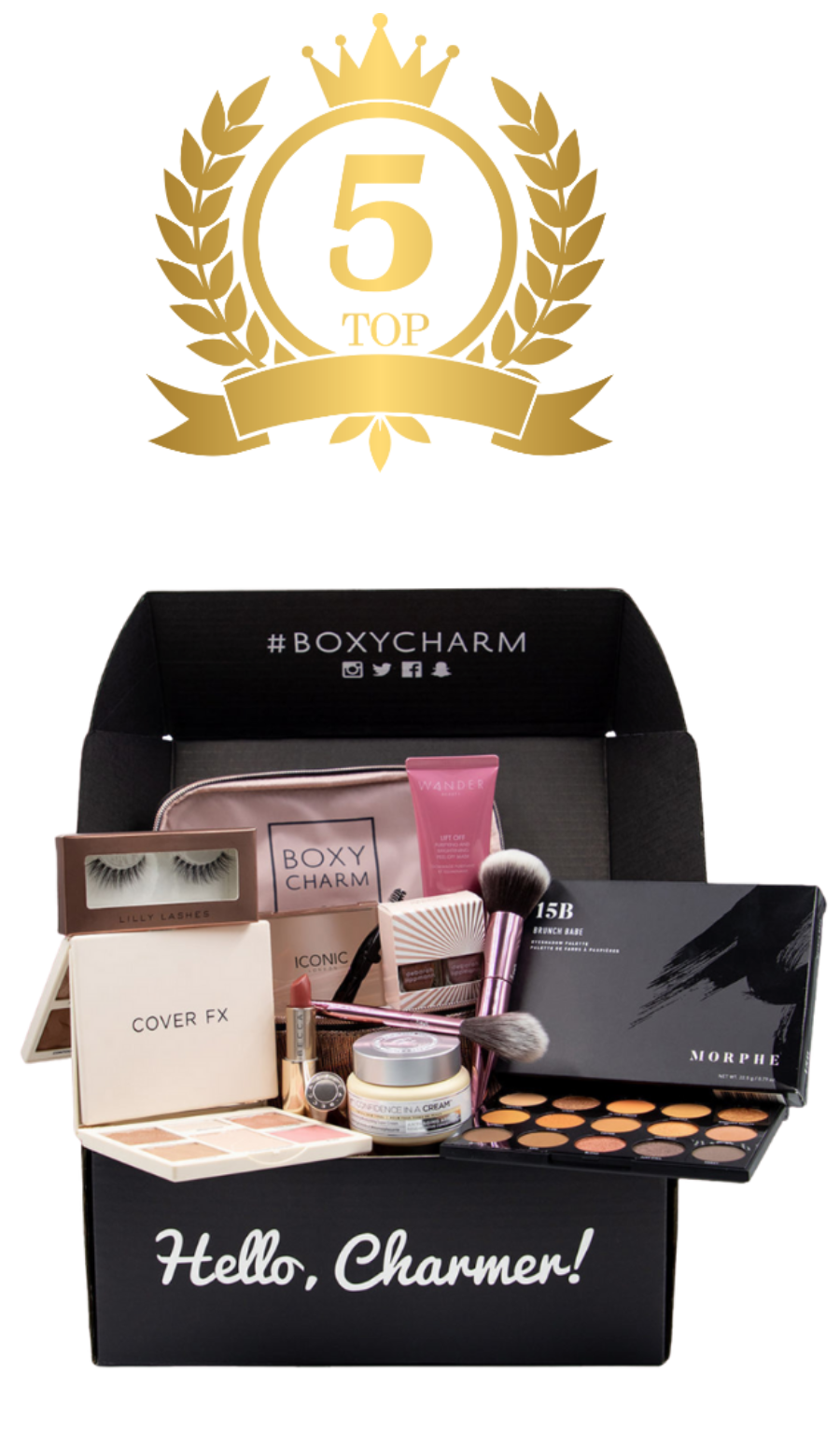 Box of assorted beauty products with a gold 'Top 5' emblem above.