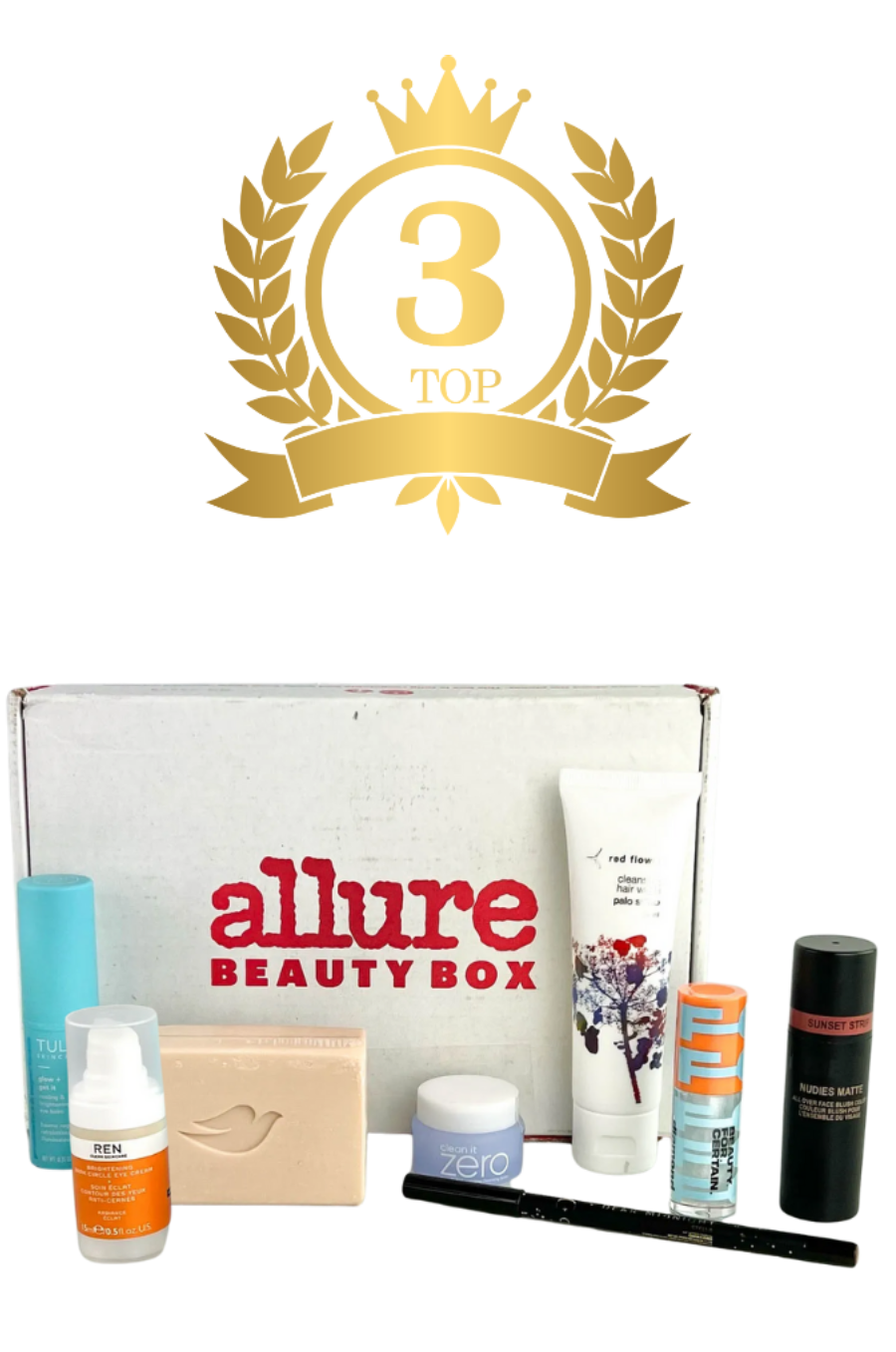 Allure Beauty Box with various skincare and makeup products displayed.