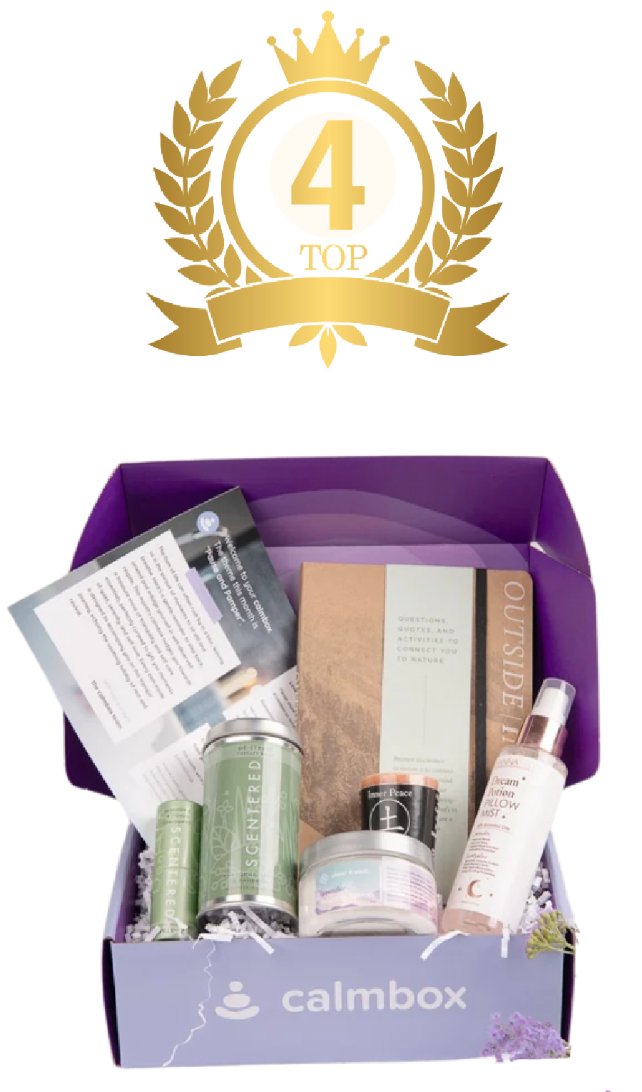 Purple gift box with wellness products and a gold award emblem above.