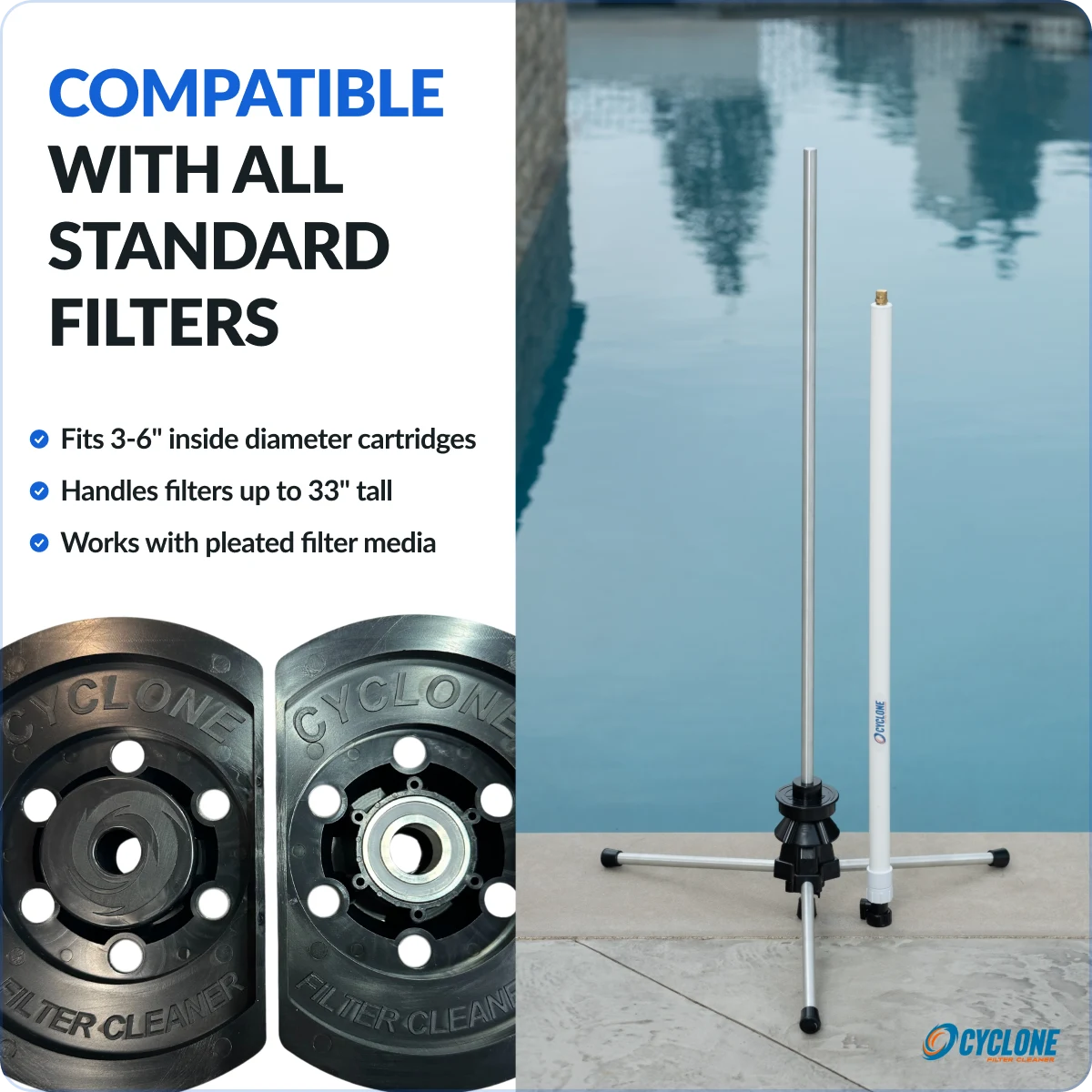 An infographic showing the parts and features of a Cyclone pool filter cleaner next to a pool.