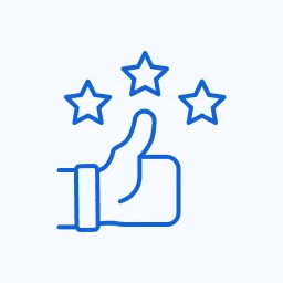 A blue line icon of a thumbs-up with three stars floating above it.