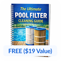 A guide titled 'The Ultimate Pool Filter Cleaning Guide' with two pool filters in front of a pool.