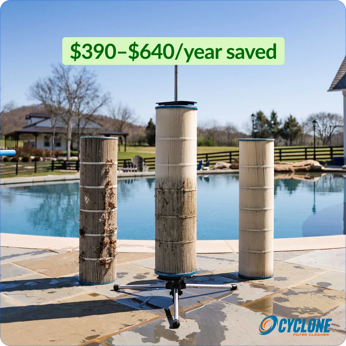 Three pool filters, two dirty and one clean, are displayed on a stand by a swimming pool.