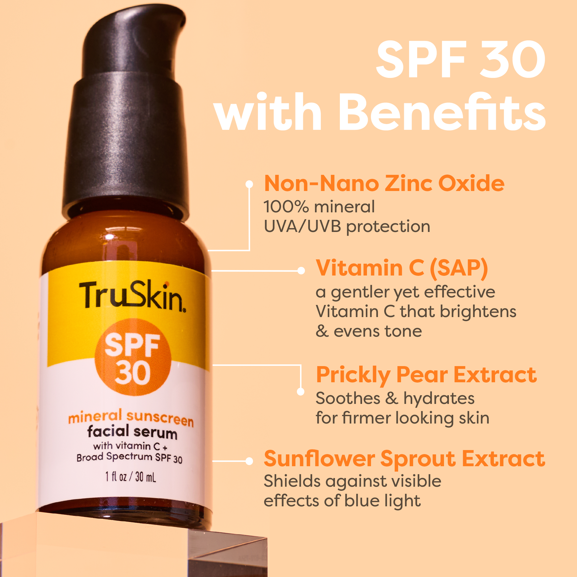 A bottle of TruSkin SPF 30 mineral sunscreen serum next to a list of its ingredients and benefits.