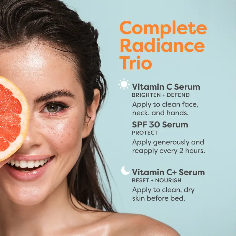 A smiling woman holds a grapefruit slice over one eye next to text for skincare products.