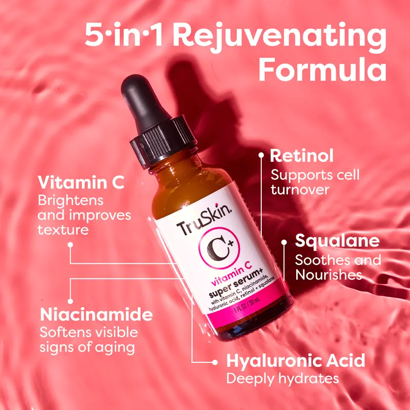An advertisement for TruSkin Vitamin C serum listing its 5-in-1 rejuvenating formula and key ingredients.