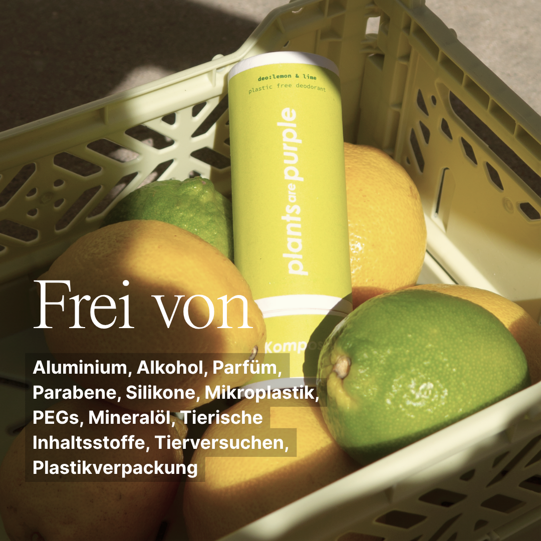 Green deodorant can in a crate with lemons and limes, text overlay in German.