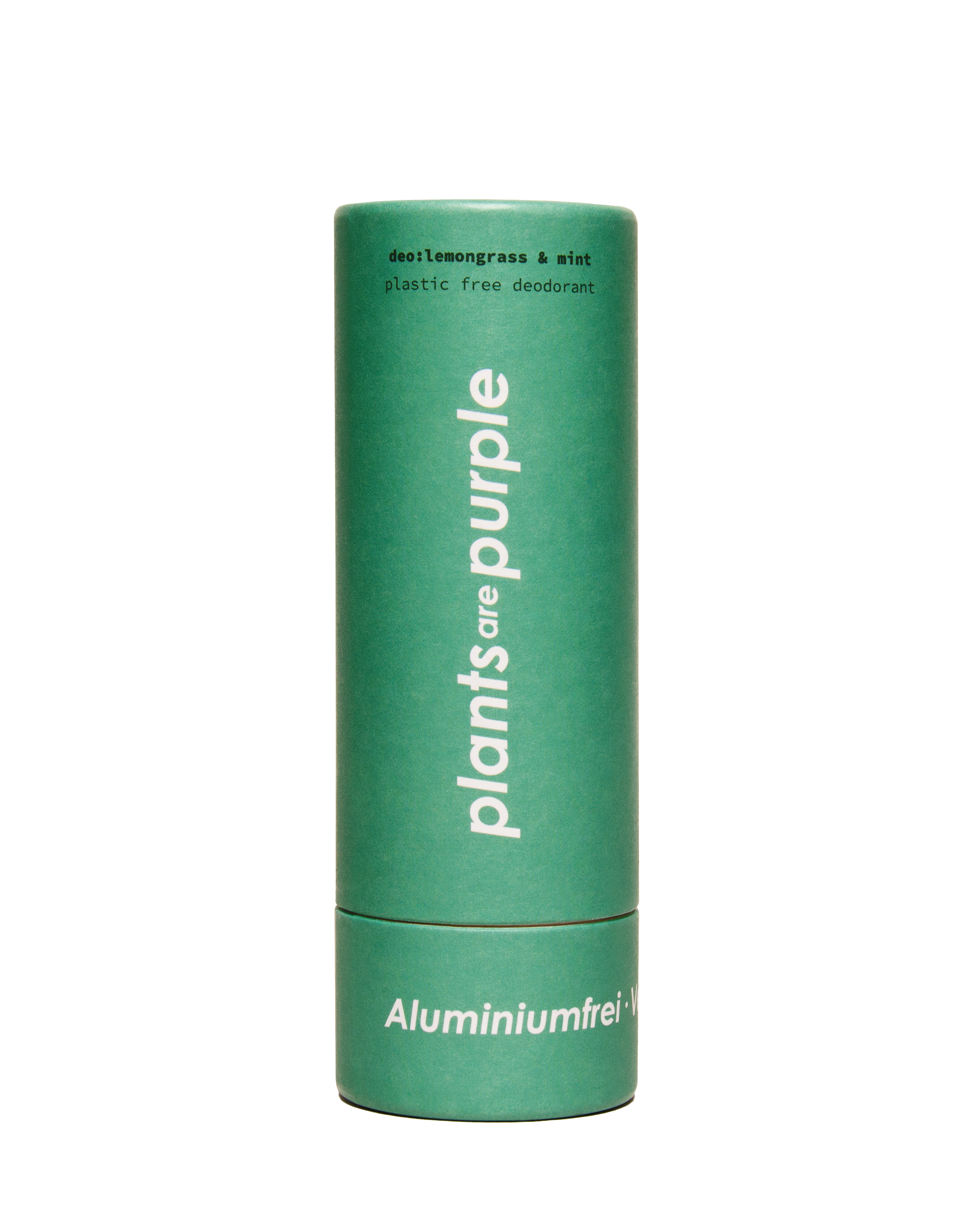 Green cylindrical deodorant container labeled 'plants are purple'.