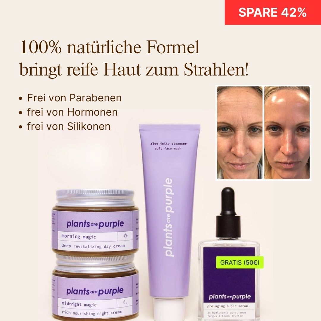 Skincare products with German text and before-and-after facial images.