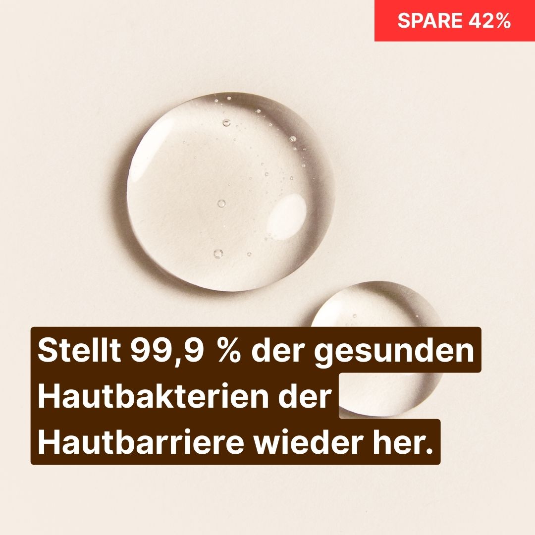 Two clear liquid drops on a beige background with German text overlay.