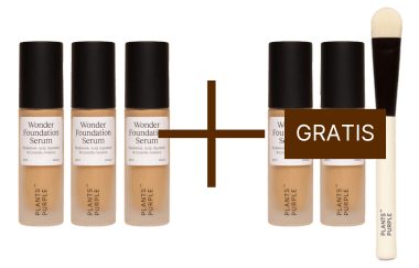 Four foundation bottles, a plus sign, two more bottles, and a makeup brush labeled 'GRATIS.'