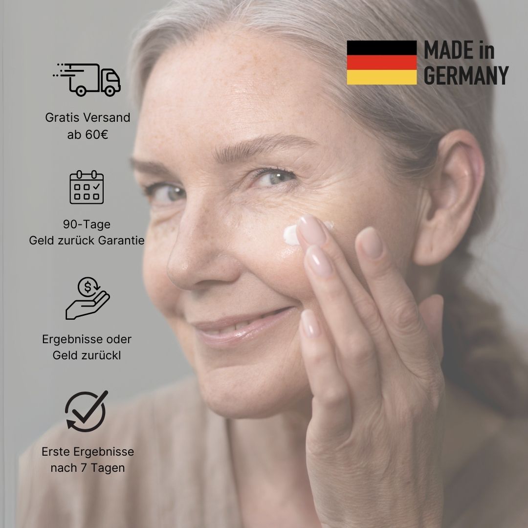 Smiling woman applying cream, with German flag and product guarantees on the side.